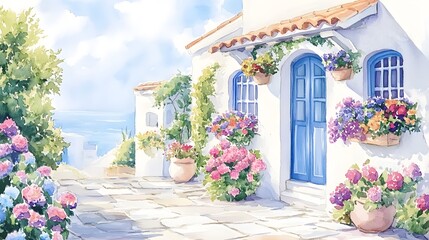 Fototapeta premium Picturesque Mediterranean village, white-blue facades, colorful floral displays in every window, watercolor technique with delicate, flowing colors