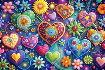 Fototapeta premium Vibrant, whimsical hearts in various shapes, sizes, and colors, surrounded by flowers, sparkles, and swirls, conveying