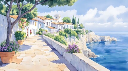 Fototapeta premium Serene clifftop village, vibrant building facades glowing under the golden hour light, shadows dance along the streets, oil painting in watercolor style