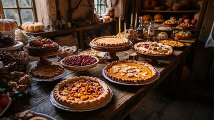 A nostalgic Thanksgiving dessert table in a cozy farmhouse kitchen with a variety of pies and fall decorations