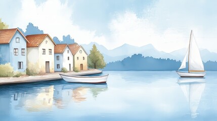 A calm bay with colorful coastal houses and sailboats, soft watercolor brushstrokes blending into oil painting textures, peaceful scene