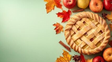A beautifully arranged Thanksgiving dessert display with apple pie, autumn leaves, and seasonal fruits on a light green background