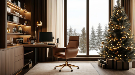 Cozy home office with Christmas decor, modern workspace with festive tree and gifts near window, winter holiday concept