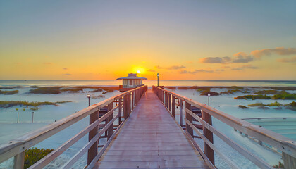 Fototapeta premium Panorama View of Footbridge to Smathers Beach at Sunrise in Key West, Florida