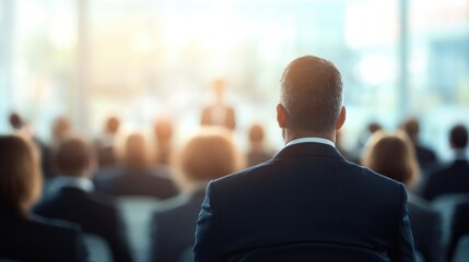 Vibrant business conference with a young and mature audience sitting in chairs, listening to the speaker on stage in a large hall.