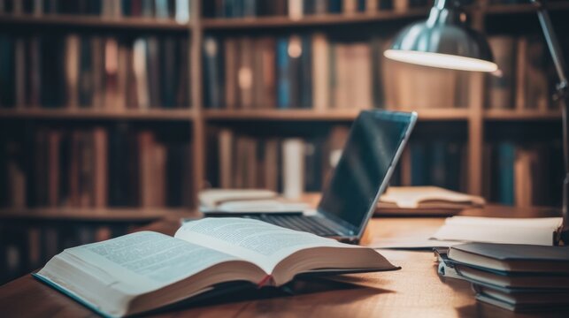 Open Book on a Desk in a Library