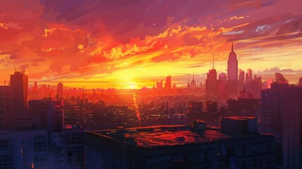 Fototapeta premium sunset from a rooftop offers a unique perspective of the city. The sun sets behind the skyline, casting a warm glow over the buildings.