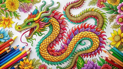 Vibrant adult coloring book page featuring a majestic dragon surrounded by intricate flowers, leaves, and swirling