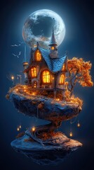 Haunted house on a hill, glowing windows, cartoon vibe