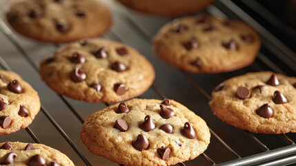 Freshly baked chocolate chip soft cookies cooling on a wire rack, showcasing vibrant golden-brown color and chocolate chips