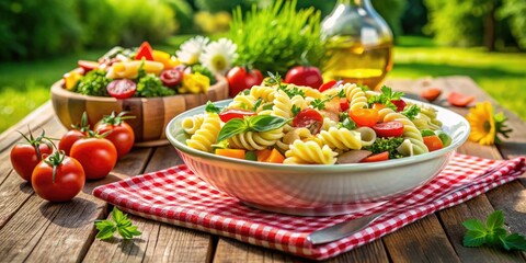 Fresh and colorful pasta salad picnic delight with a variety of vegetables, served in a beautiful outdoor setting
