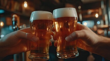Close-up of hands holding up frothy glasses of beer in a dimly lit bar, symbolizing joy, friendship, and celebration.