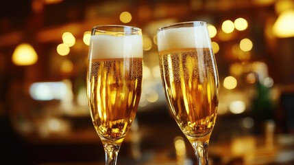 Close-up of two glasses of beer clinking together in a warm, inviting bar setting, symbolizing a fun night out.