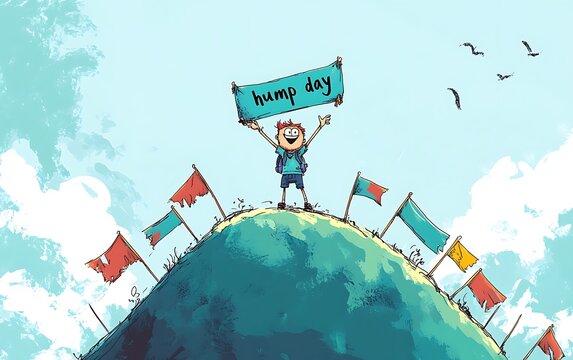 Happy Hump Day Celebration - Cartoon Character Standing on Hill with Flags and Banners on Wednesday