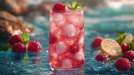 Refreshing raspberry mint beverage served in a clear glass on a sunny day by the poolside with ice cubes and lemon slices