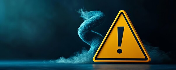 Exclamation mark inside a yellow warning triangle with a tornado spiraling in the background, symbolizing a severe weather alert