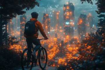 young professional commuting by bicycle through a futuristic city landscape sleek ecofriendly design elements and holographic displays line the dedicated bike lanes