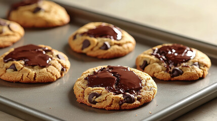 Freshly baked chocolate chip csoft ookies on a baking sheet, with melted chocolate topping, showcasing a delicious dessert treat