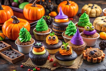 Vibrant assortment of spooky sweets, including witches' hat cookies, monster eyes cupcakes, and graveyard dirt