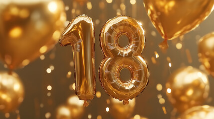 Balloons shaped like the number 18 made from gold foil, with a backdrop of sparkling gold sequins