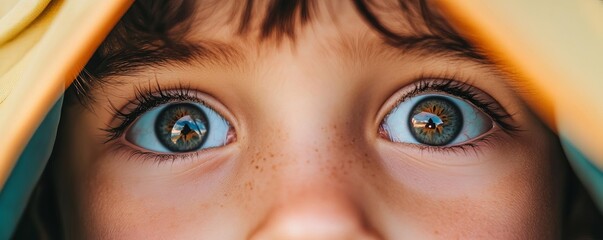 Naklejka premium Close-up of a child's face, eyes wide with wonder, camping stargazing, inspired by the cosmos