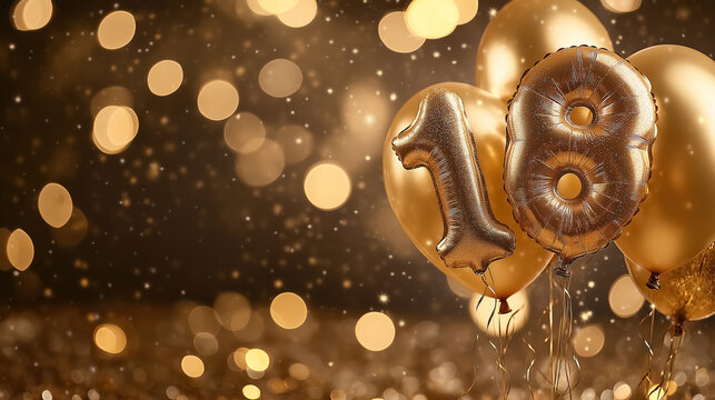 Balloons shaped like the number 18 made from gold foil, with a backdrop of sparkling gold sequins - Powered by Adobe