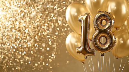 Balloons shaped like the number 18 made from gold foil, with a backdrop of sparkling gold sequins