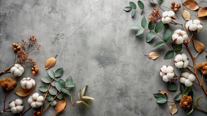 Obraz premium Elegant autumnal border composed of eucalyptus branches, delicate cotton flowers, and warm dried leaves arranged artfully on a soft gray background in a flat lay overhead view.