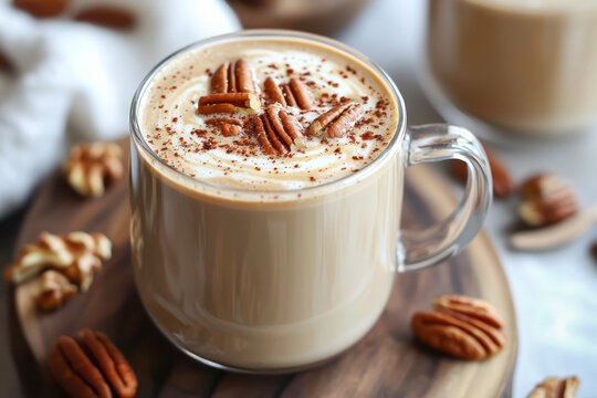Close-up of a maple pecan latte topped with pecan nuts and a sprinkle of cinnamon.