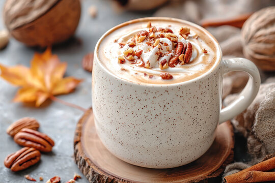 Close-up of a maple pecan latte topped with pecan nuts and a sprinkle of cinnamon.