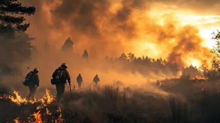 Fototapeta premium Firefighters battling a forest wildfire, with smoke billowing into the sky.