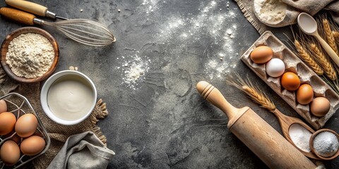 Empty space baking background with bakery ingredients  flour milk eggs rolling pin Simple pastry baking flat lay top view border : Generative AI