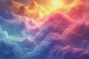 Colorful rainbow clouds with the sun shining in the background. Clouds form abstract shapes.