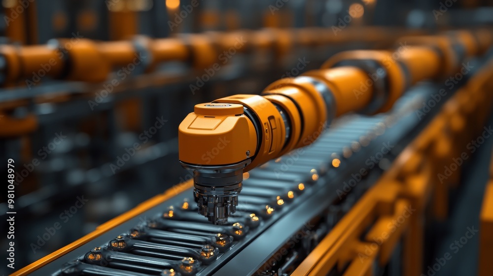 Poster robotic arms working in synchronization on a conveyor system in an automated factory setting