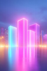 Naklejka premium Vibrant Neon Glow Cityscape at Night with Futuristic Skyscrapers and Colorful Lights Creating a Stunning Urban Atmosphere