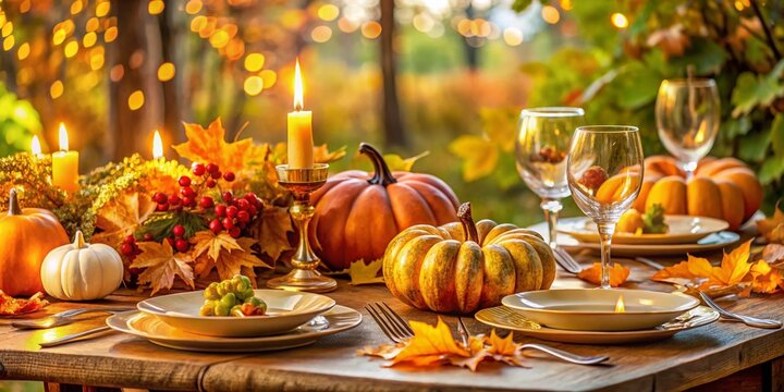 Vibrant autumn leaves and golden pumpkins surround a beautifully set dinner table with elegant invitations and