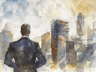 Businessman looks at the growth of buildings in the city. Watercolor painting.