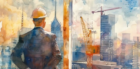 Construction engineer looking intently at building under construction. Watercolor painting.