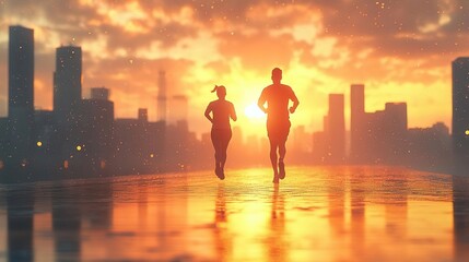 A couple runs towards the sunset, capturing the essence of fitness and determination against a vibrant city skyline.