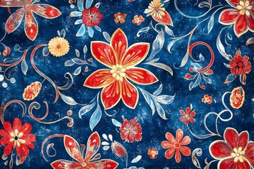 Vibrant and Intricate Indonesian Batik Floral Pattern with Rich Indigo and Crimson Hues