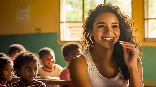 A young Brazilian woman smiles warmly in a classroom filled with attentive children. It's daytime, and the mood is joyful. The woman with curly hair wears a white tank top. Children in the background