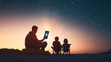 Family with a digital star app, camping stargazing, tech and stars