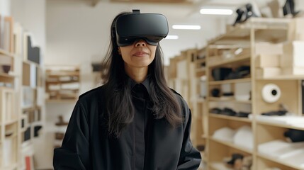 Diverse female virtual reality architect exploring innovative designs in a collaborative workspace