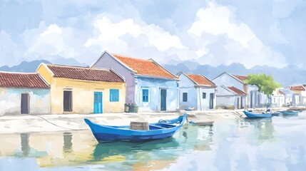 Fototapeta premium Coastal village with vibrant rainbow-colored buildings, palm trees gently swaying in the ocean breeze, painted in soft watercolor strokes, oil painting aesthetics