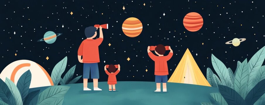 Family with binoculars, identifying stars and planets, camping stargazing, shared learning moments