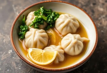A bowl of dumplings with a lemon wedge on the side
