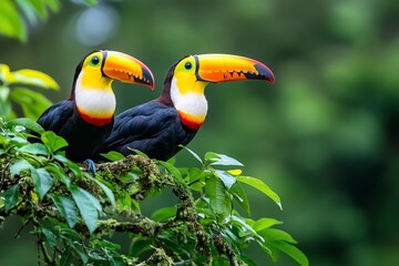 Amazon Rainforest toucans calling out from the treetops, their colorful beaks vibrant