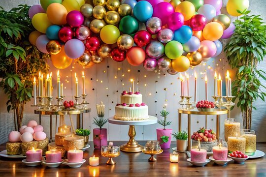 Vibrant balloons, confetti, and candles adorn a lavish dessert table, celebrating a milestone birthday with glamour,