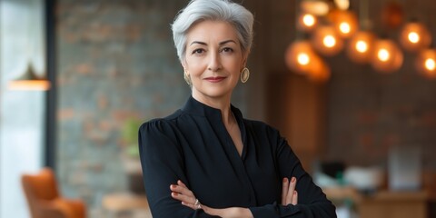 Senior female event planner confidently managing a bustling work environment