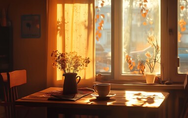 Serene Sunday Morning Vibes with Sunlit Interiors and Coffee - Relaxing Home Atmosphere Concept